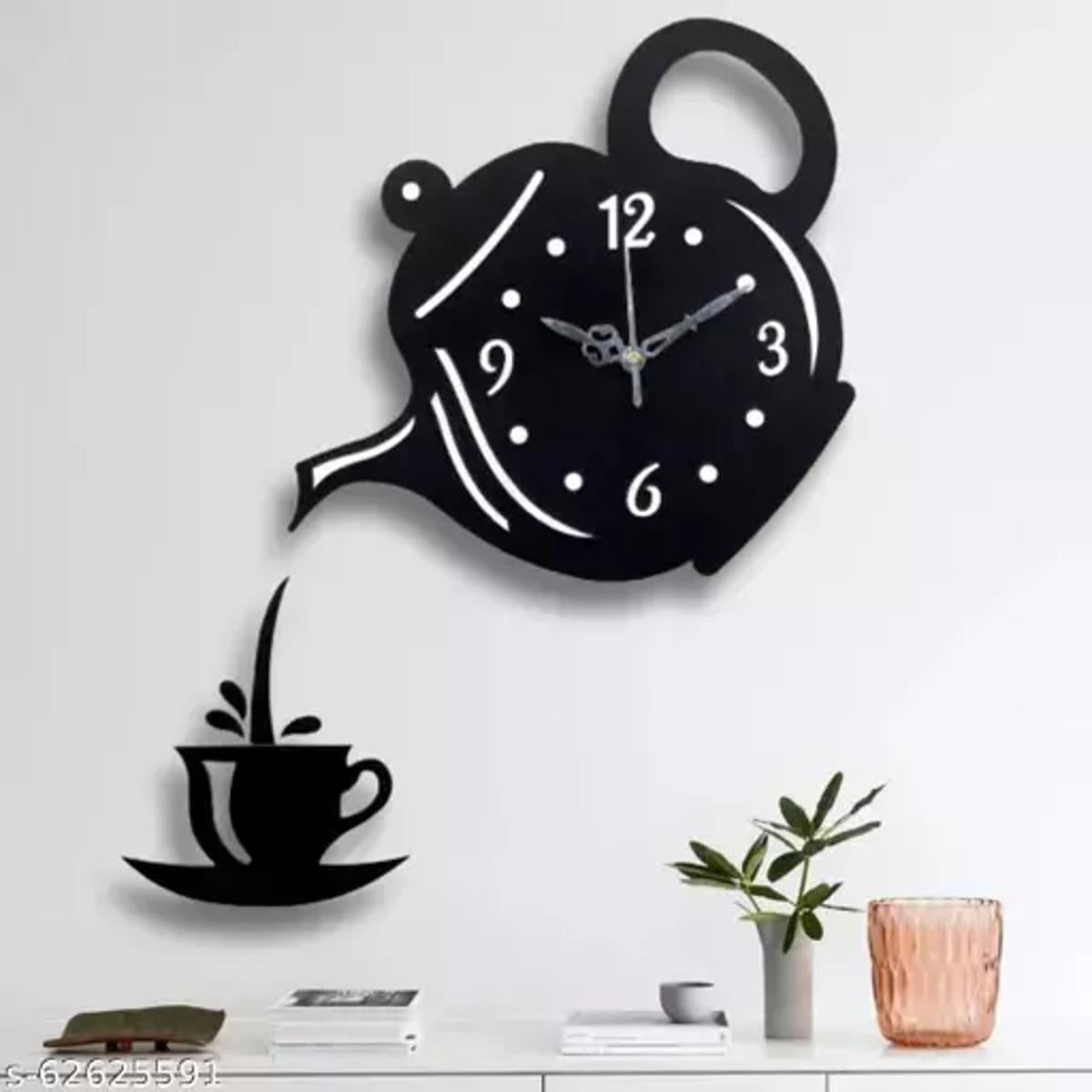 Wooden Wall Clock with Coffee Cup and Kettle Design