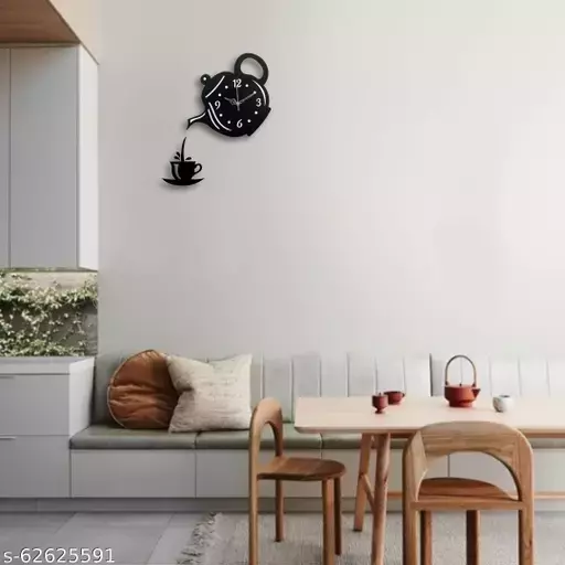 Wooden Wall Clock with Coffee Cup and Kettle Design